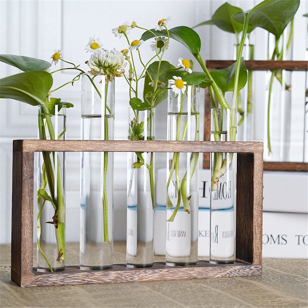 Glass Plant Propagation Station with 5 Test Tubes Planter Vase with Wooden Stand Birthday Gifts for Women Mom Plant Lovers