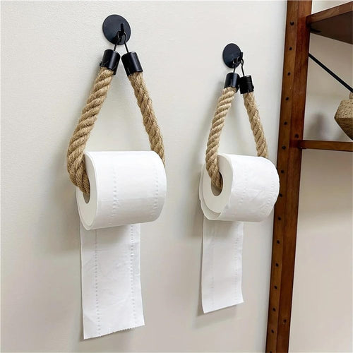 2 pack Rope Toilet Paper Holder - Self Adhesive, No Drill Required, Black, Stainless Steel and Cotton Rope