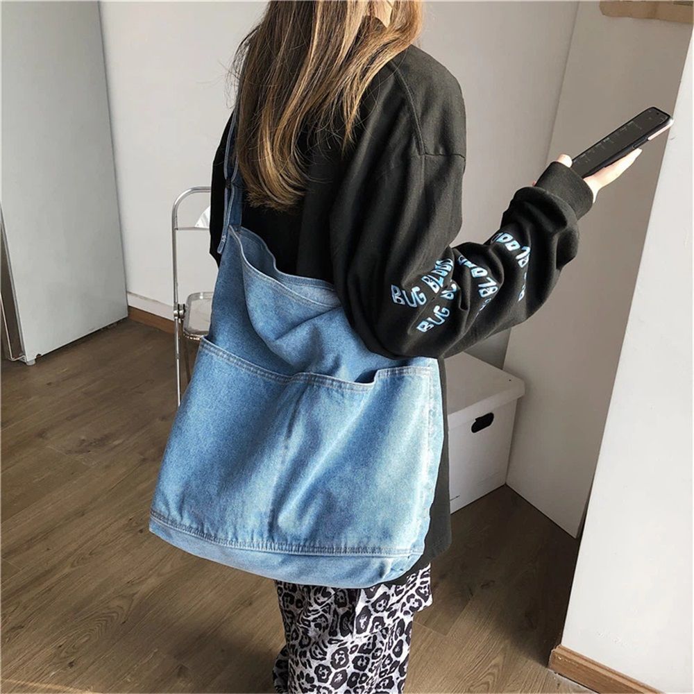 Denim Shoulder Bag Casual Tote Bag Large Handbag Jean Purse for Women,Casual Retro Aesthetic Crossbody Bag Handbag