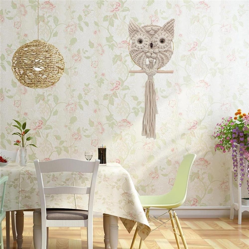 Owl Wall Hanging Tapestry - Hand Woven Boho Wall Art for Living Room, Bedroom, Home Decor (White Owl)