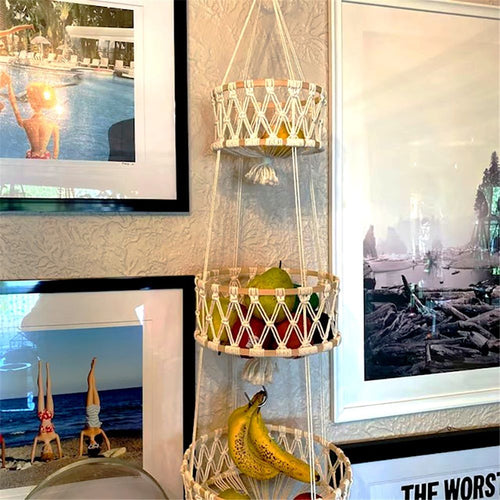 3 Tier Hanging Basket - Space Saving Hanging Fruit Basket for Kitchen or Decorative Boho Decor Hanging Plant Holder - Use for Produce Baskets, Indoor Planter Hangers, Beige