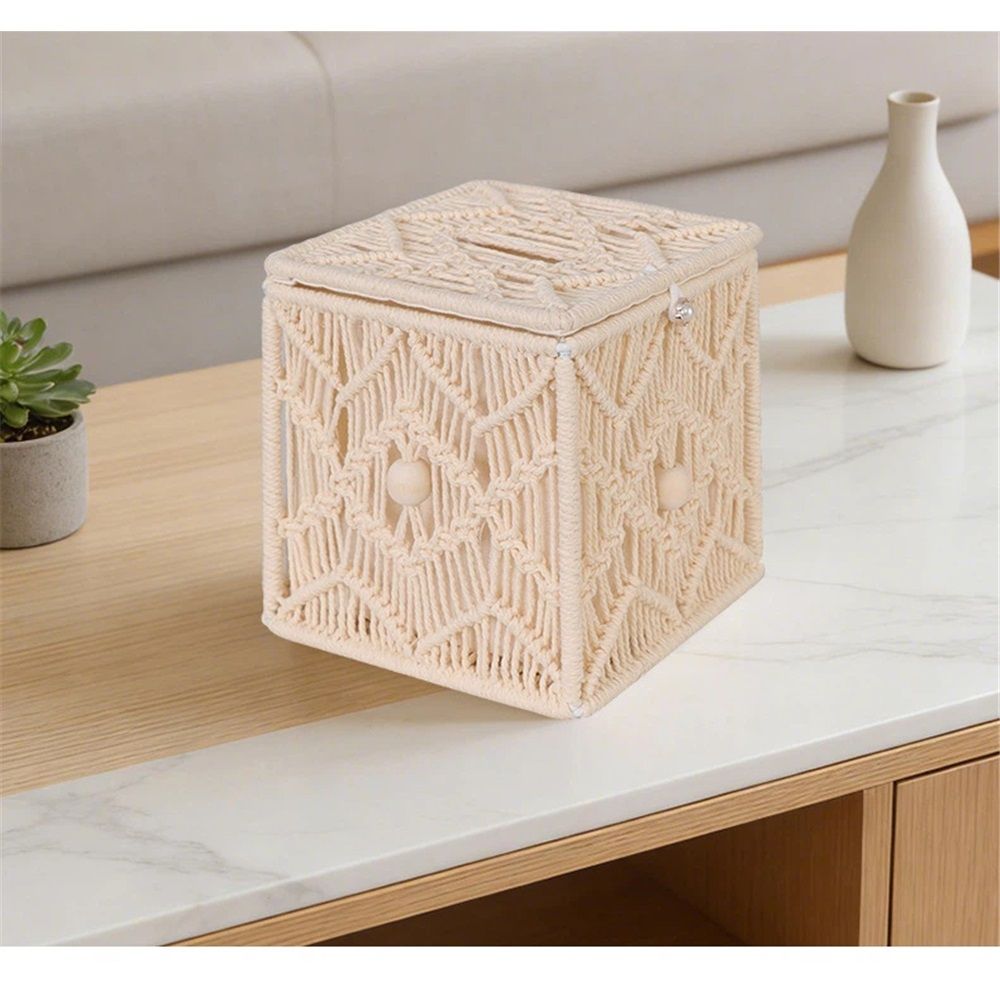 Tissue Box Cover Square Open-Bottom Tissue Box Holder Boho Decor Tissue Organizer Bohemian Handmade Woven Tissue Cube Box for Bathroom Bedroom Dresser Living Room Office Dorm, beige