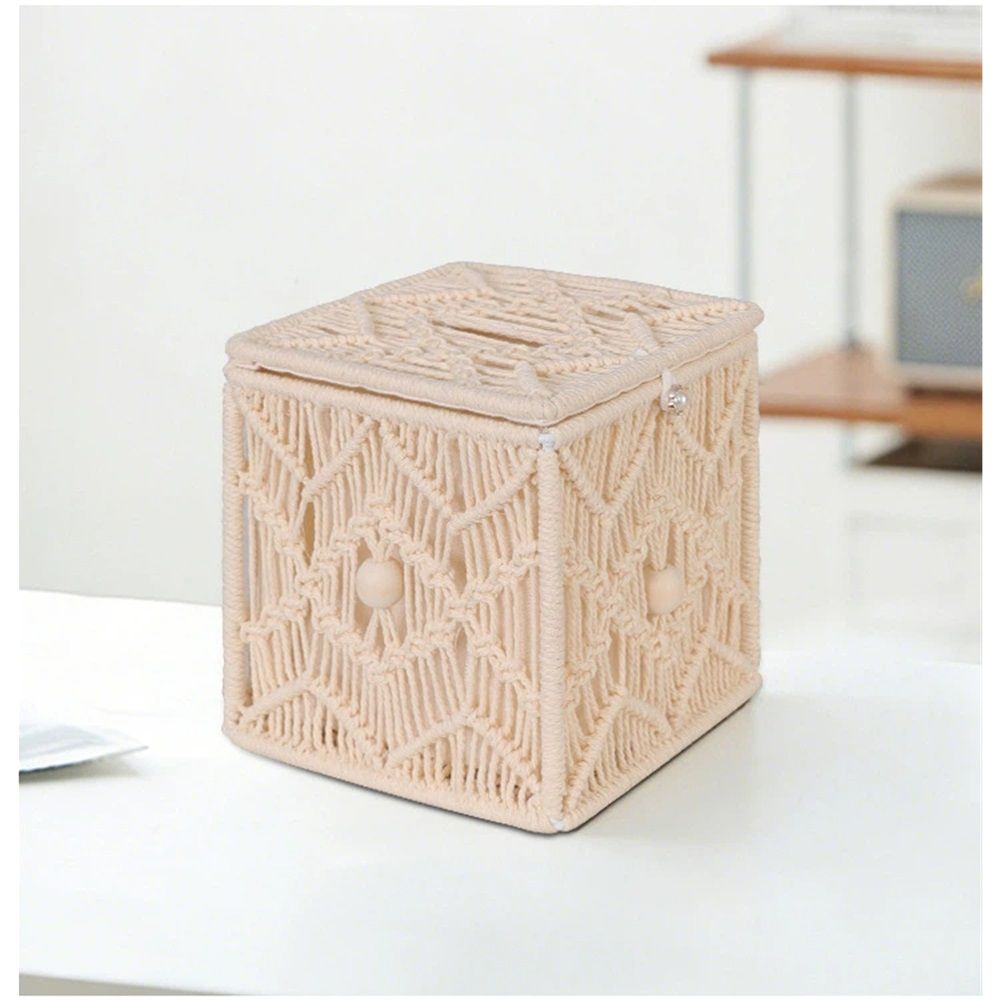Tissue Box Cover Square Open-Bottom Tissue Box Holder Boho Decor Tissue Organizer Bohemian Handmade Woven Tissue Cube Box for Bathroom Bedroom Dresser Living Room Office Dorm, beige