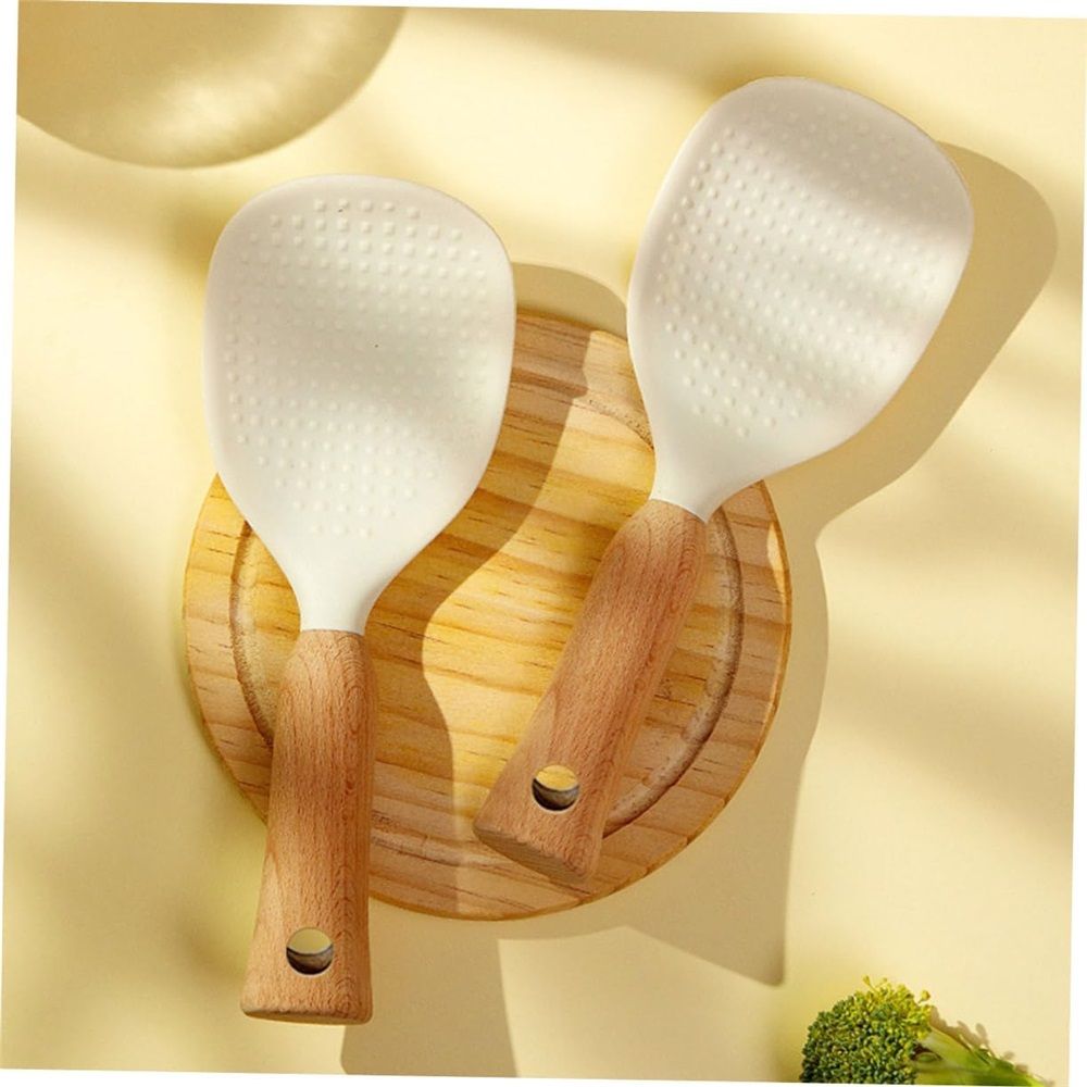 2 Pcs Standing Silicone Rice Spoon Paddle with Wood Handle, Nonstick Standing Rice Cooker Spatula for Kitchen Cooking