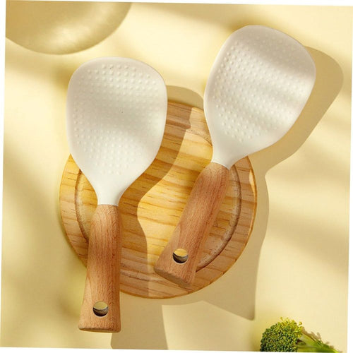 2 Pcs Standing Silicone Rice Spoon Paddle with Wood Handle, Nonstick Standing Rice Cooker Spatula for Kitchen Cooking