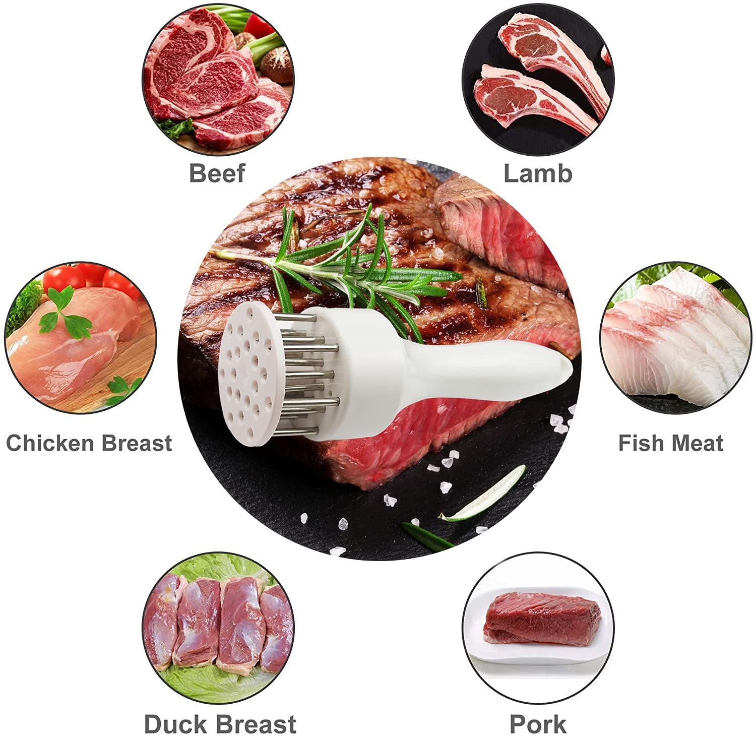 White – 21 Needles Food-Grade Stainless Steel Meat Tenderizer, Household Manual Steak Tenderising Tool, Meat Piercing Breaker for BBQ Beef, Pork & Chicken