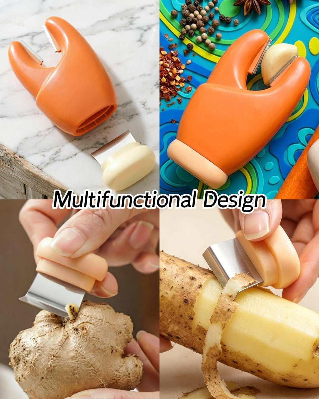 2-Pack 2-in-1 Stainless Steel Garlic Peeler Skin Remover, Multifunctional Efficient Vegetable Peeler for Carrots, Ginger, Kitchen Tool That Avoids Garlic Smell on Your Hands（Beige）
