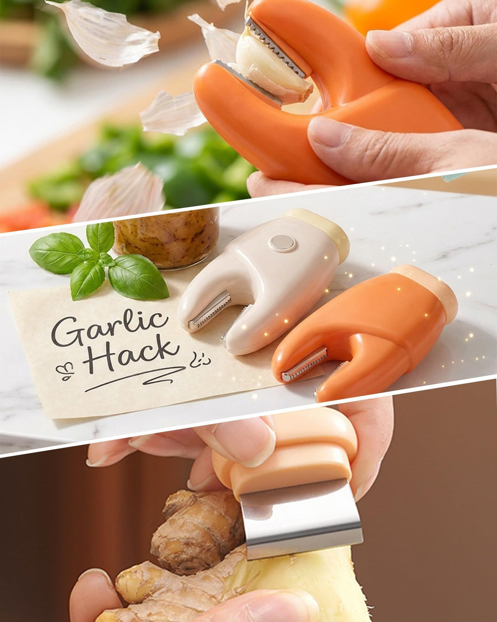 2-Pack 2-in-1 Stainless Steel Garlic Peeler Skin Remover, Multifunctional Efficient Vegetable Peeler for Carrots, Ginger, Kitchen Tool That Avoids Garlic Smell on Your Hands（Orange）