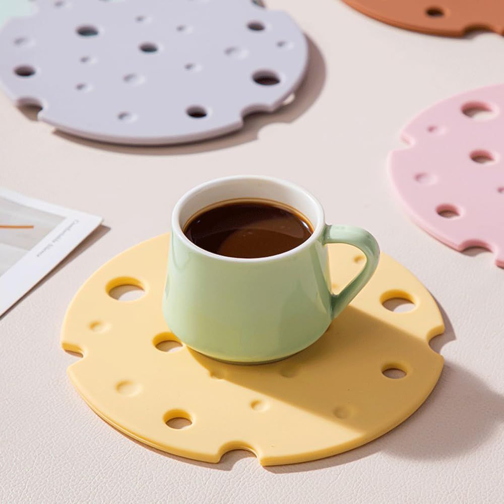 4‑Pack light‑Yellow round Silicone Trivet Mat, Heat Resistant Non Slip, 6.3x6.3x0.4 Inches, Kitchen Table Protector for Bowls Plates Cups