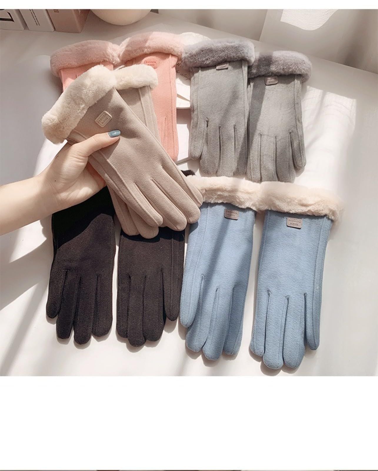 Grey women's Minimalist Solid Color Touchscreen Gloves, Elegant Modern Windproof Warm Riding, Fuzzy Gloves for Fall & Winter