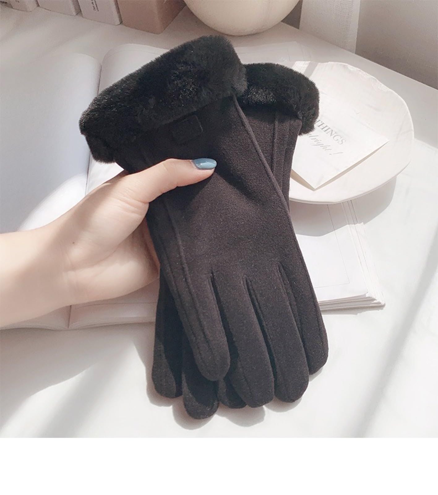 Grey women's Minimalist Solid Color Touchscreen Gloves, Elegant Modern Windproof Warm Riding, Fuzzy Gloves for Fall & Winter
