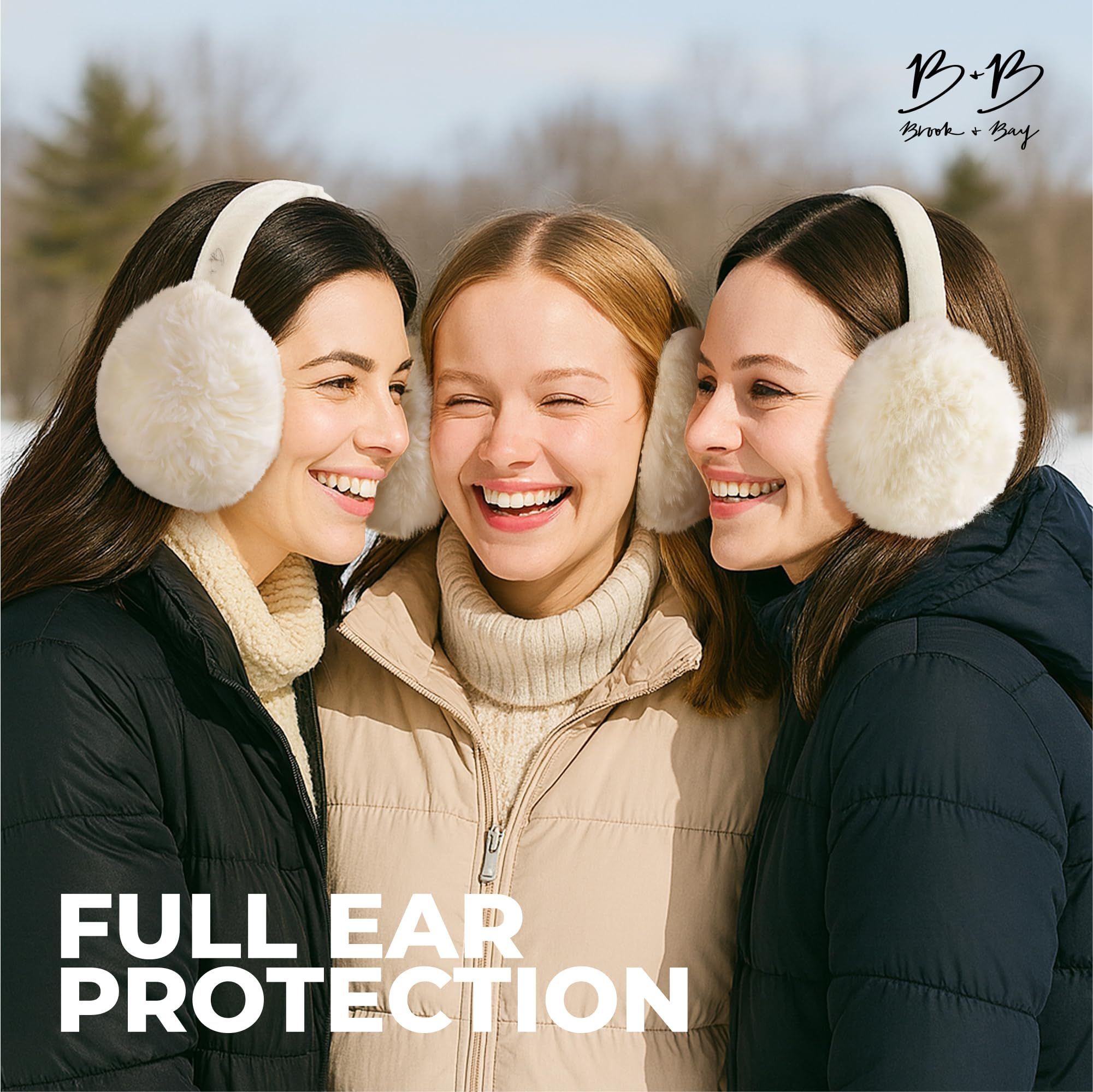 Black fluffy Plush Winter Ear Muffs for Women, Foldable Soft Ear Warmers Windproof Thermal Earmuffs for Cold Weather Outdoor Daily Wear
