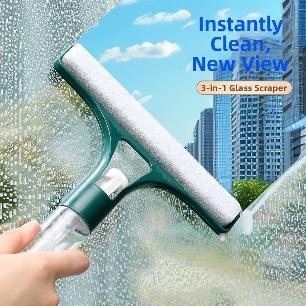 Green 2-in-1 for  Window Squeegee with Built-in Sprayer, Silicone Glass Cleaner Scraper with Sponge Wiper Shower Mirrors Cars, Streak- Cleaning Tool.