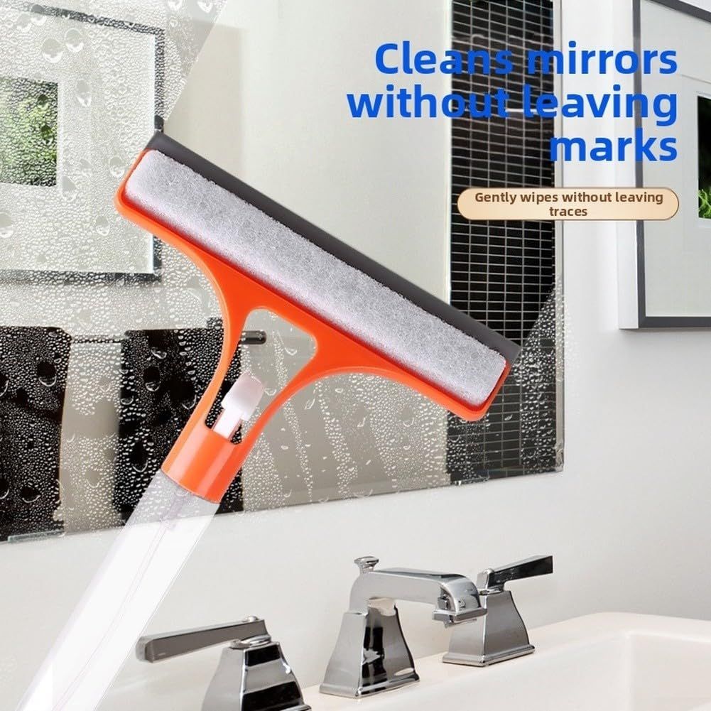Orange 2-in-1 for  Window Squeegee with Built-in Sprayer, Silicone Glass Cleaner Scraper with Sponge Wiper Shower Mirrors Cars, Streak- Cleaning Tool.