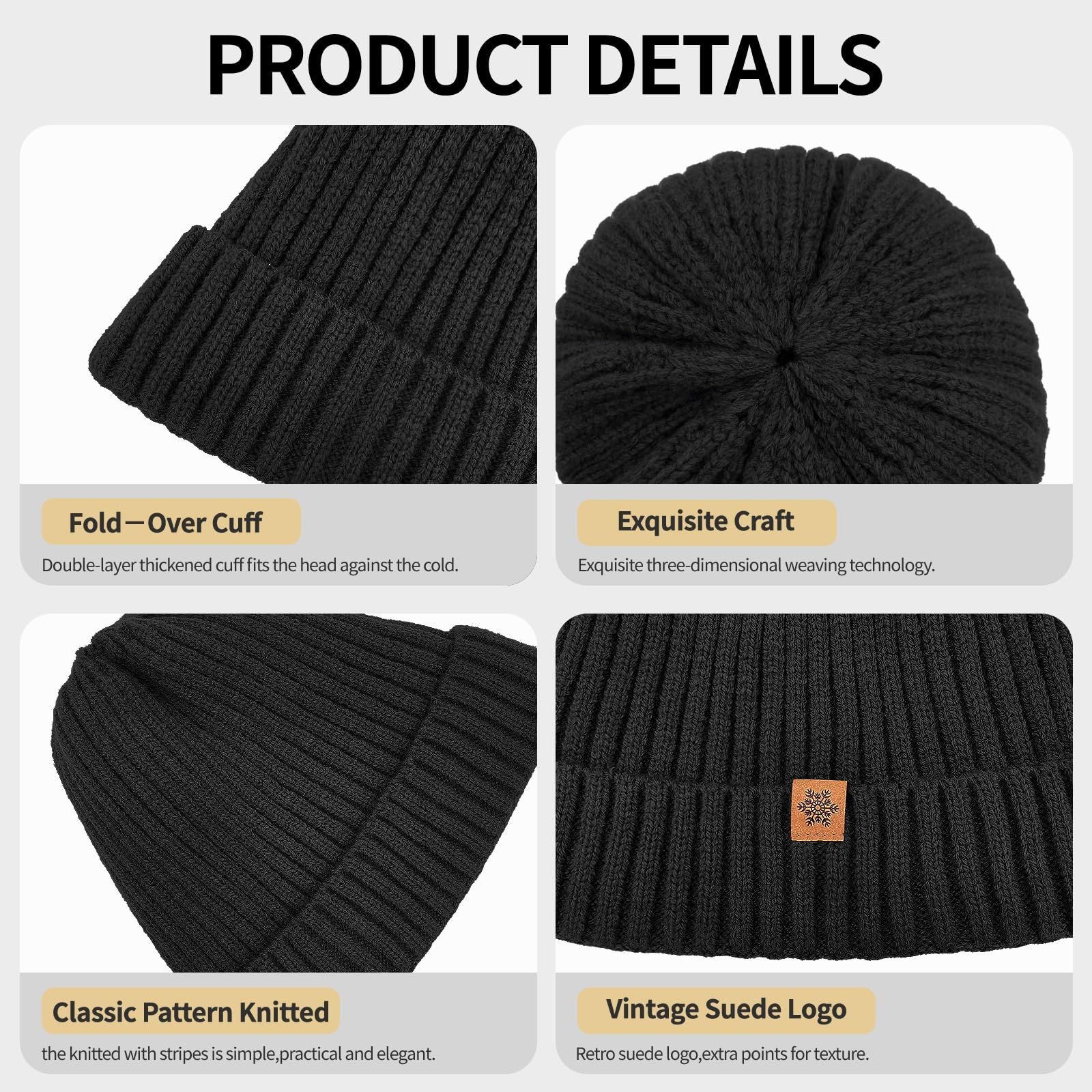 Unisex black warm knitted winter hat, fleece lining, soft and warm, ski hat, narrow brim, suitable for cold weather.