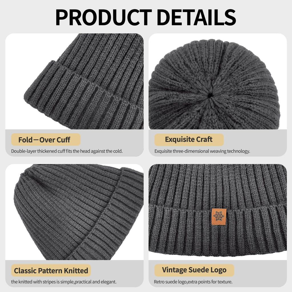 Unisex dark gray warm knitted winter hat, fleece lining, soft and warm, ski hat, narrow brim, suitable for cold weather.
