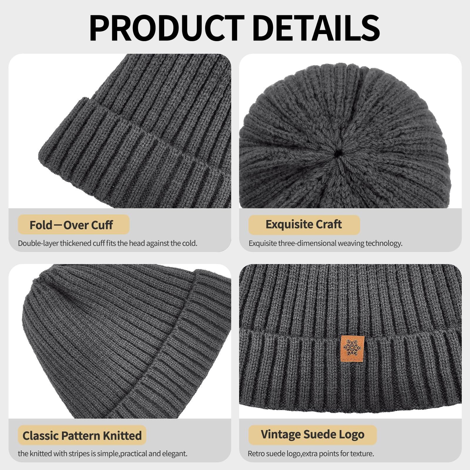 Unisex dark gray warm knitted winter hat, fleece lining, soft and warm, ski hat, narrow brim, suitable for cold weather.