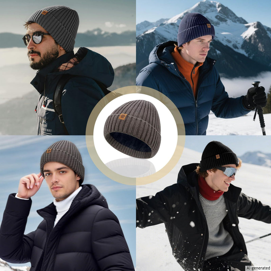 Unisex dark gray warm knitted winter hat, fleece lining, soft and warm, ski hat, narrow brim, suitable for cold weather.