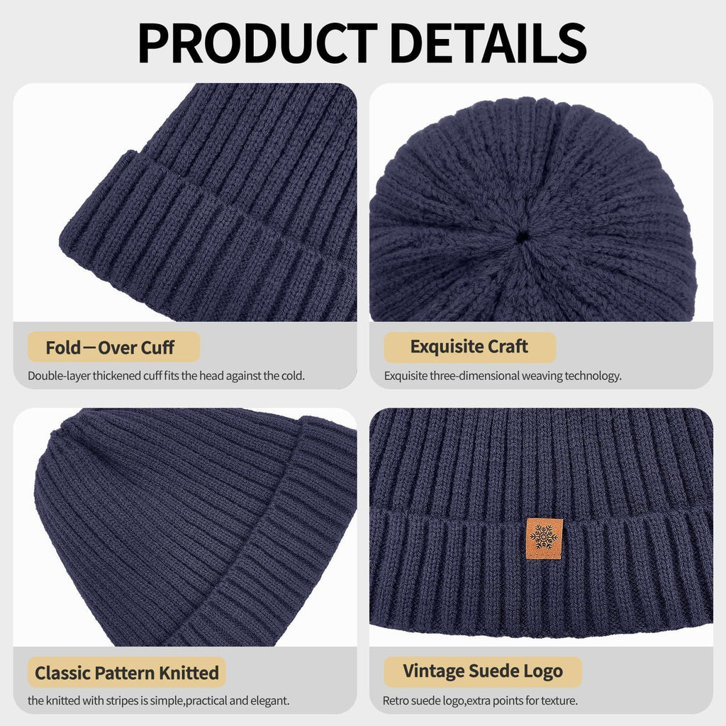 Unisex navy blue warm knitted winter hat, fleece lining, soft and warm, ski hat, narrow brim, suitable for cold weather.