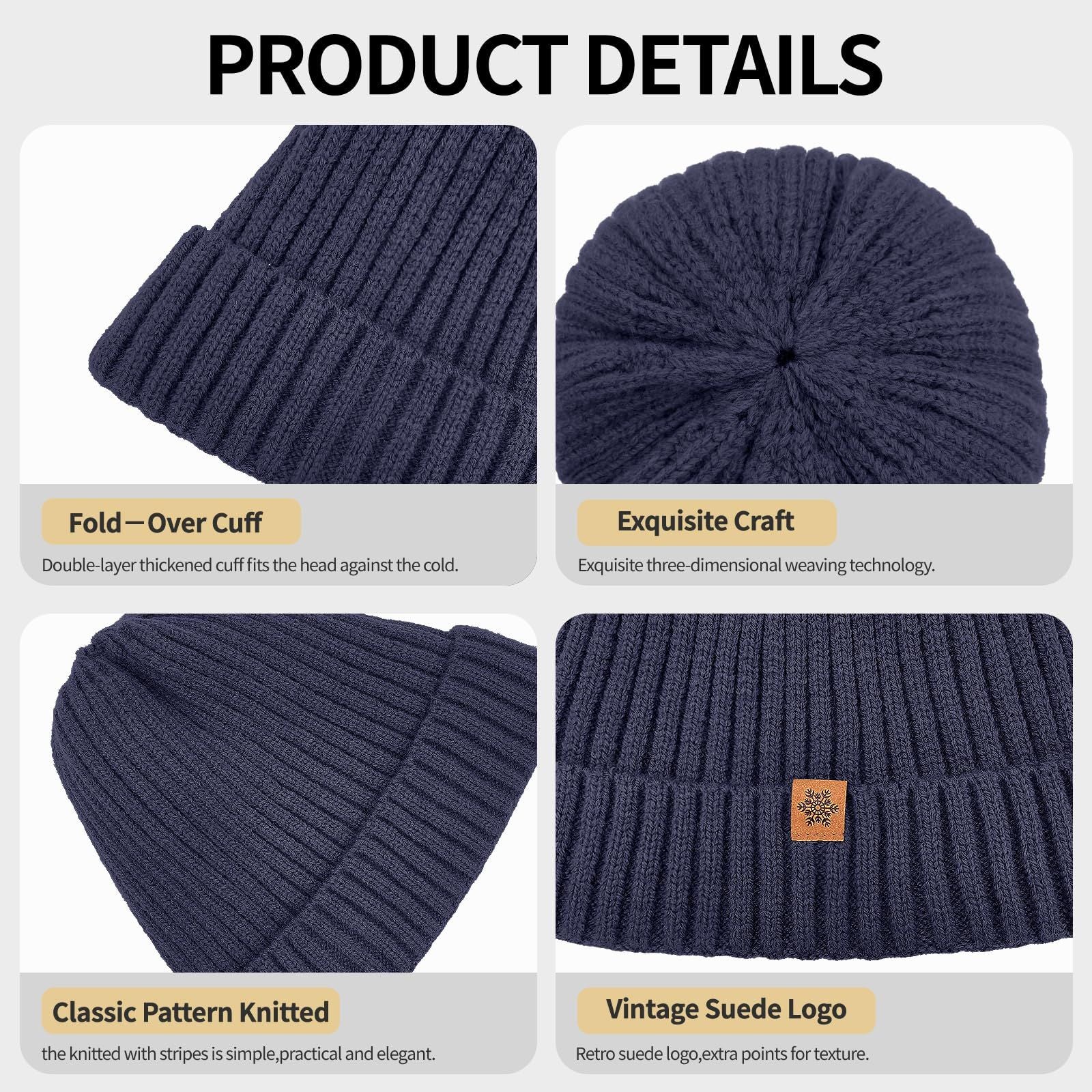 Unisex navy blue warm knitted winter hat, fleece lining, soft and warm, ski hat, narrow brim, suitable for cold weather.