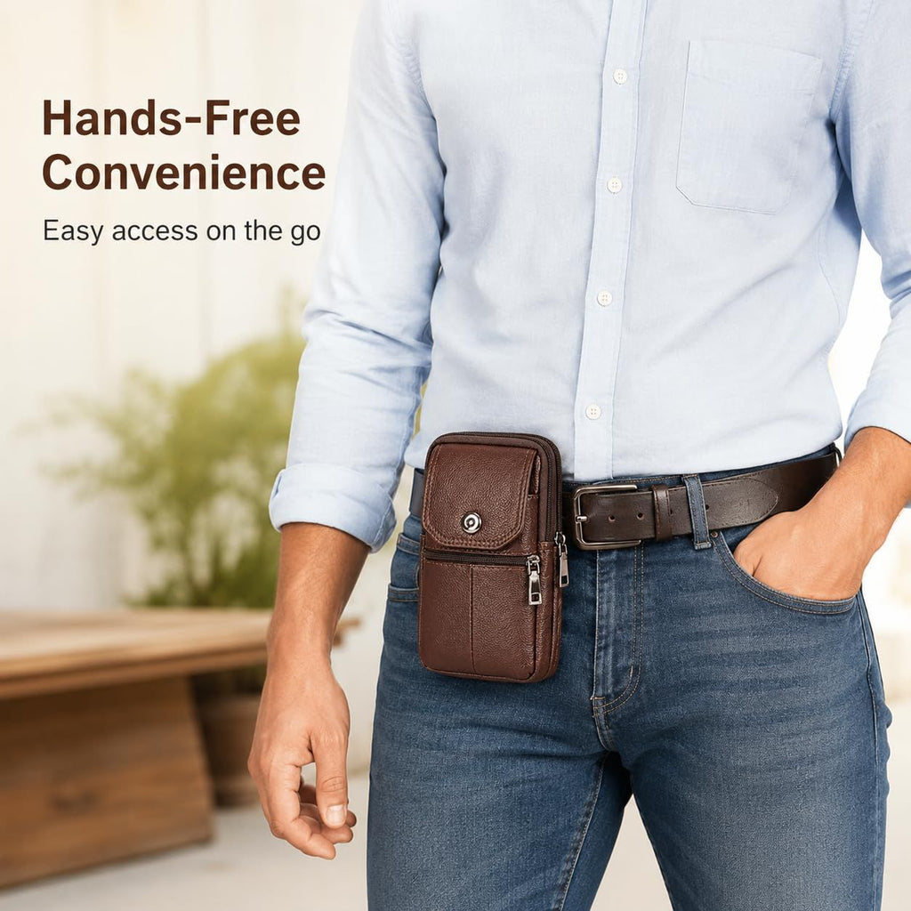 Coffee genuine Leather Men’s Crossbody Waist Bag, Multifunctional Belt Pouch, Portable Outdoor Phone & ID Card Holder, Casual Fanny Pack for Daily‑use
