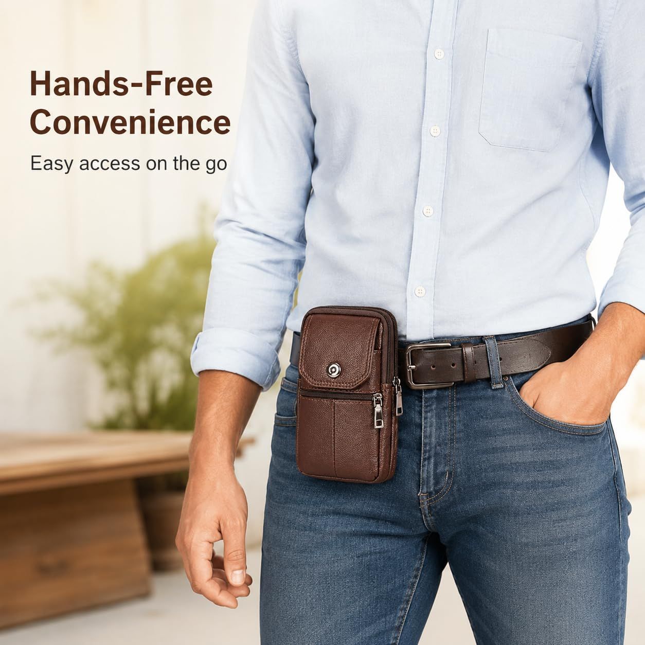 Coffee genuine Leather Men’s Crossbody Waist Bag, Multifunctional Belt Pouch, Portable Outdoor Phone & ID Card Holder, Casual Fanny Pack for Daily‑use