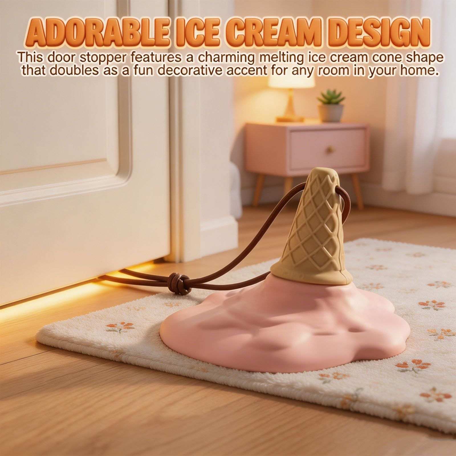 White Cartoon Ice Cream Shaped Silicone Door Stopper with Suction Cup Base Detachable Lanyard Multi‑Color Optional for Household Door Positioning Anti‑Collision Interior Safety Layout