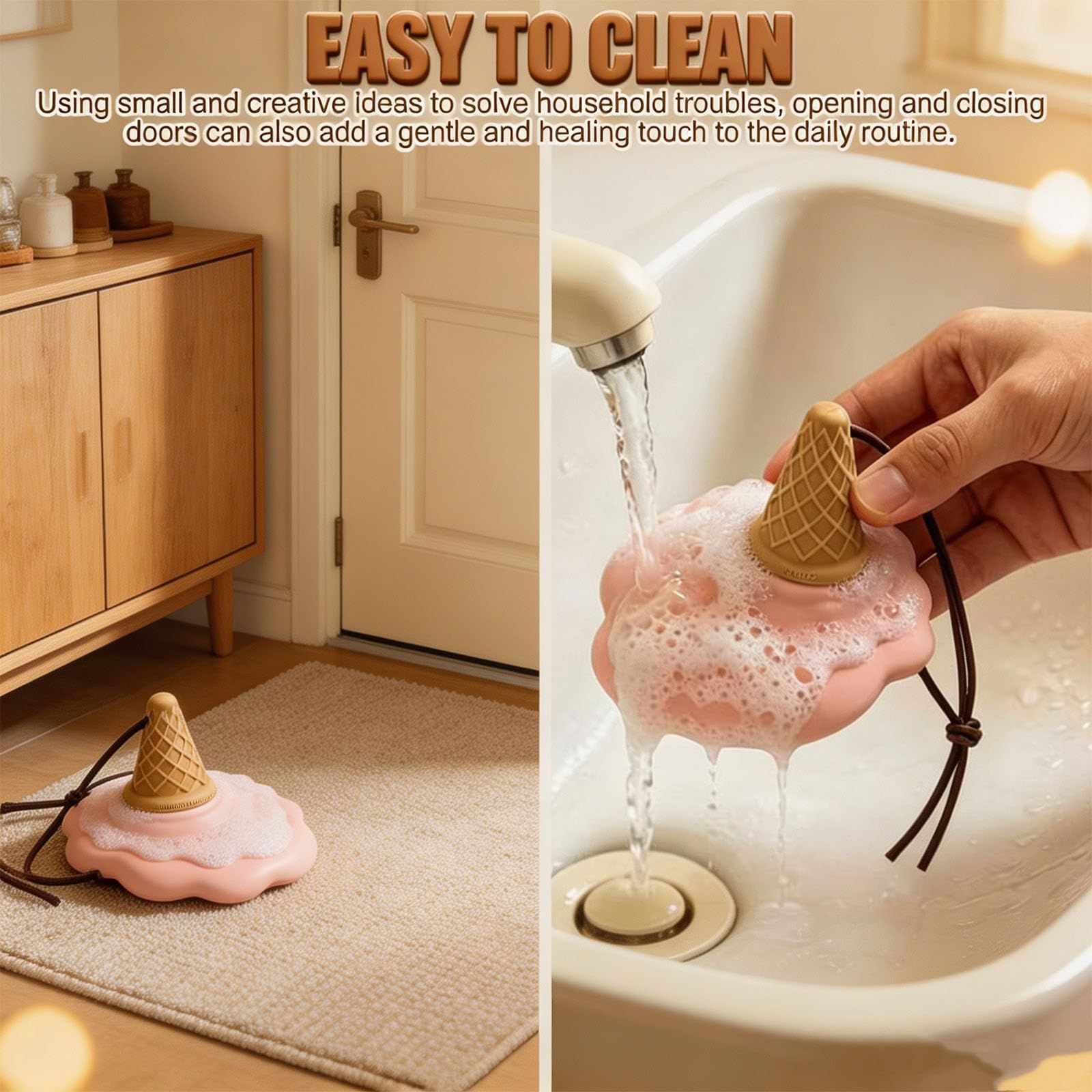 White Cartoon Ice Cream Shaped Silicone Door Stopper with Suction Cup Base Detachable Lanyard Multi‑Color Optional for Household Door Positioning Anti‑Collision Interior Safety Layout