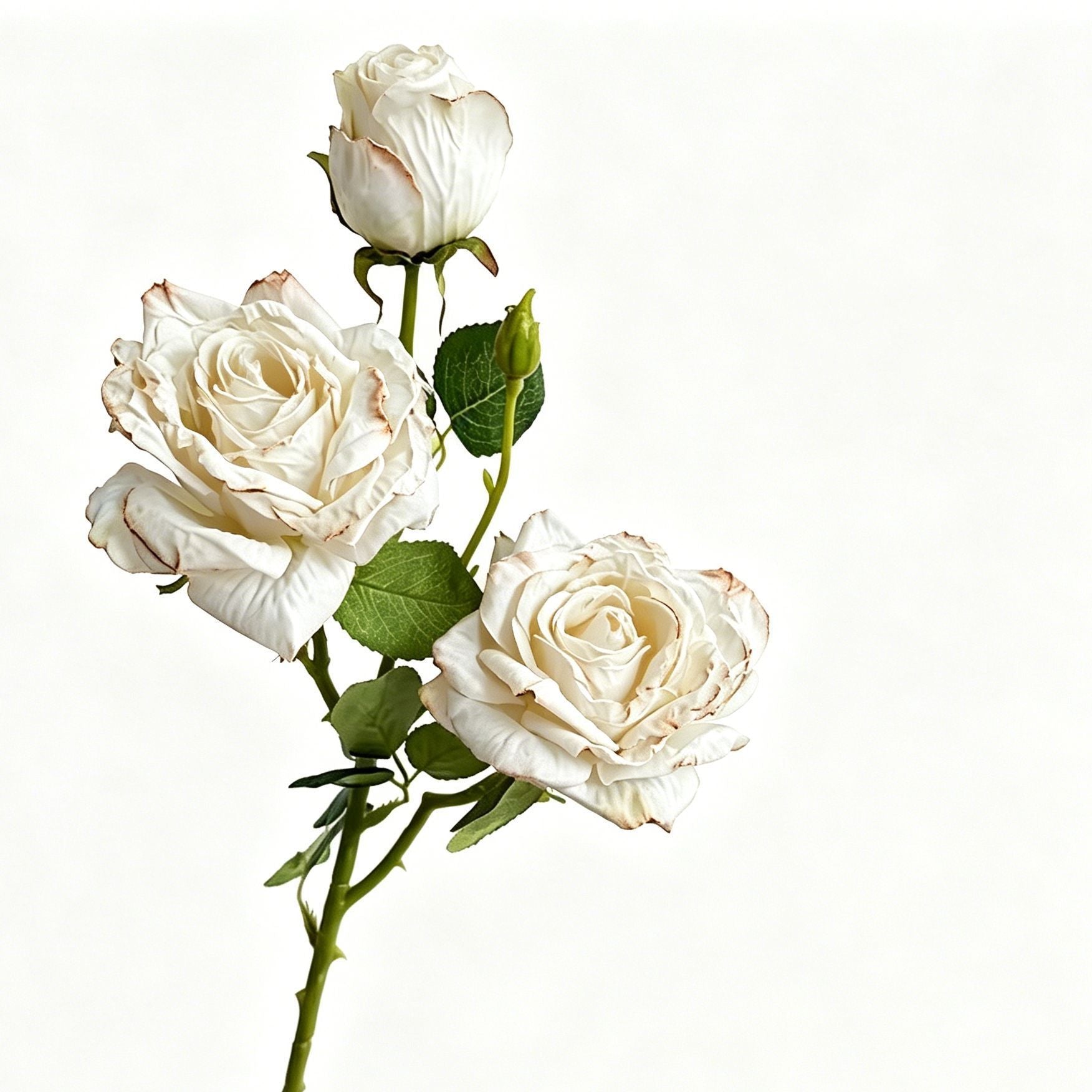 Vintage Burnt Edge Artificial Rose, Pure White Soft Decor, 3 Pack