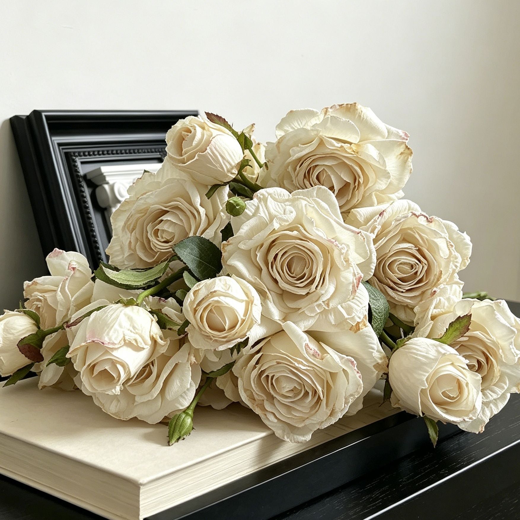 Vintage Burnt Edge Artificial Rose, Pure White Soft Decor, 3 Pack