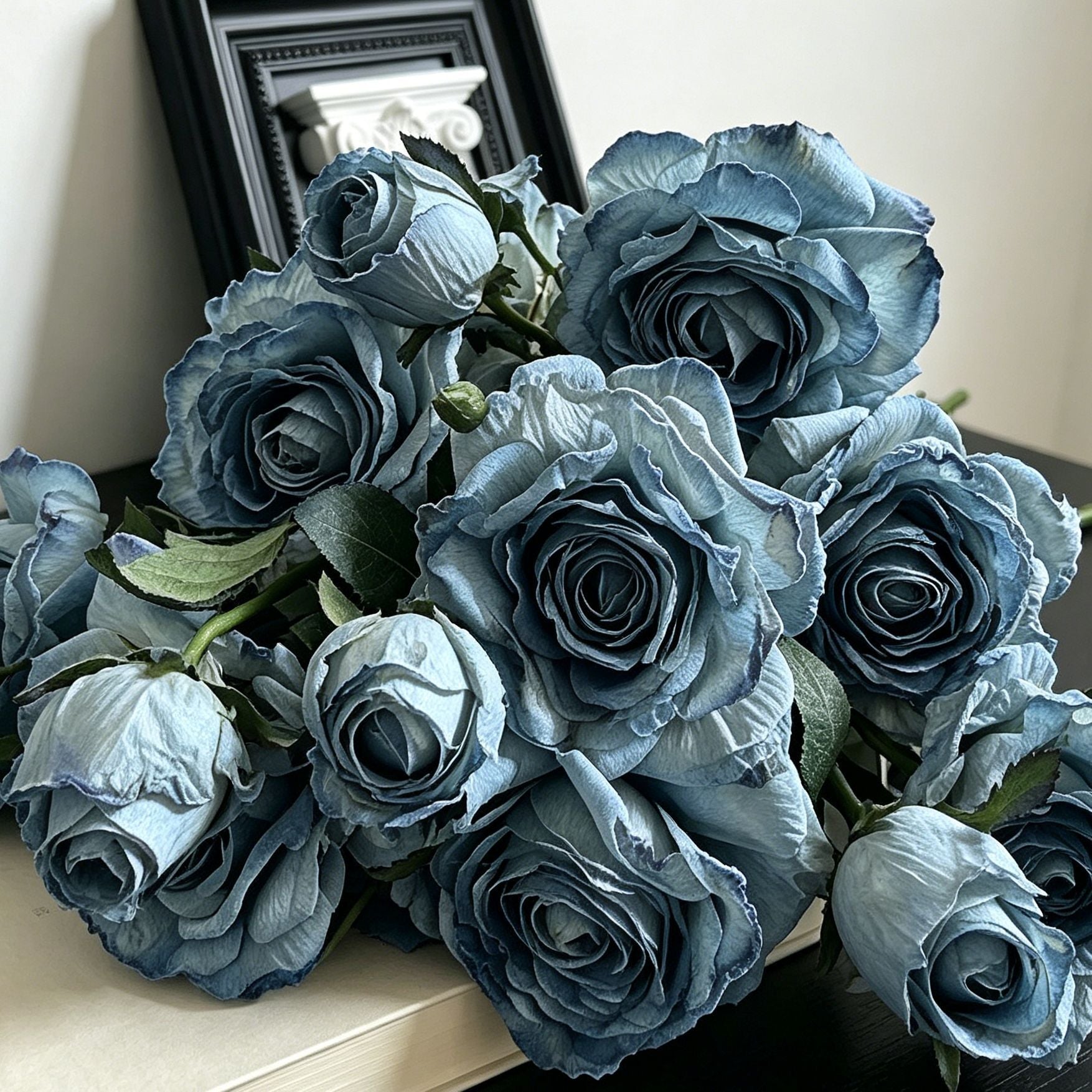 Vintage Burnt Edge Artificial Rose, Blue Calming Decor, 3 Pack