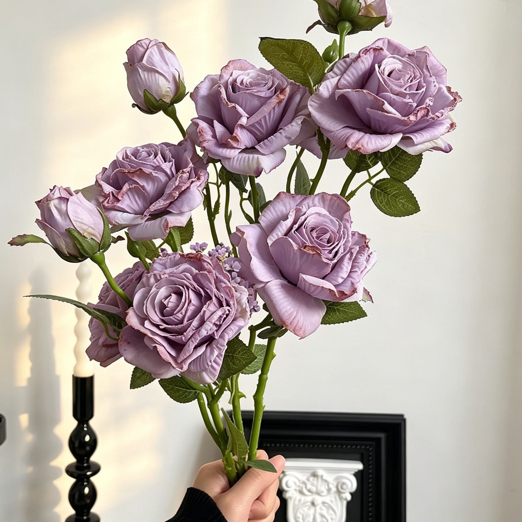Vintage Burnt Edge Artificial Rose, Purple Dreamy Decor, 3 Pack