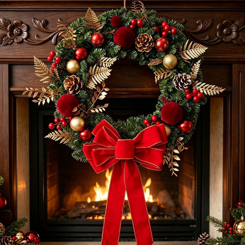 2pk Xmas Wreath Gold Leaf Red Bow, 40cm Diameter