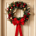 2pk Xmas Wreath Gold Leaf Red Bow, 60cm Diameter