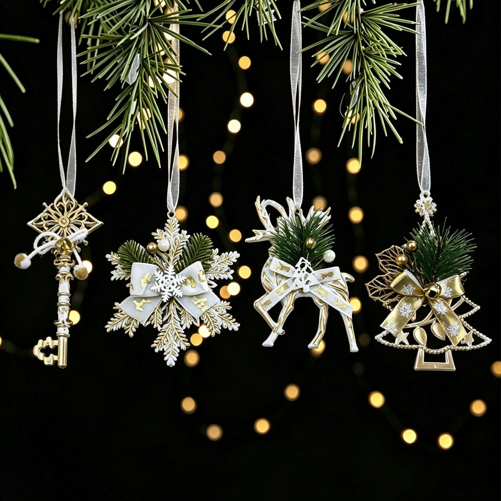 3pk White Gold Vintage Key Xmas Tree Ornament