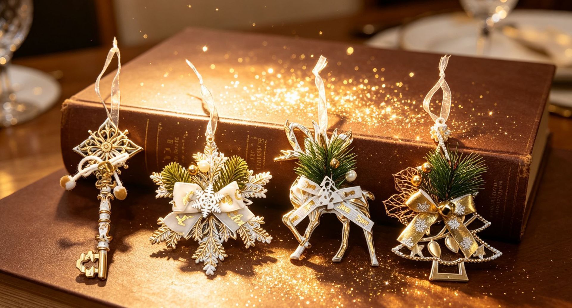 3pk White Gold Vintage Key Xmas Tree Ornament