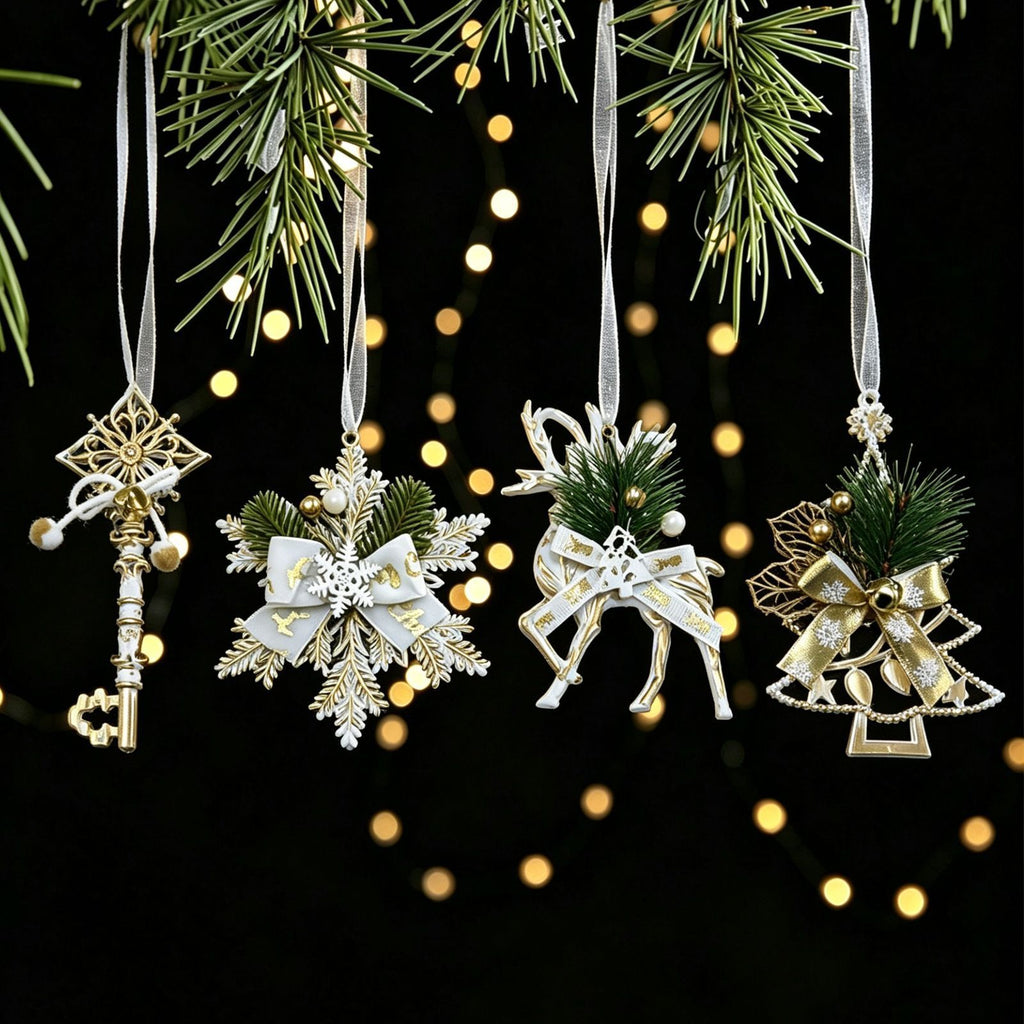 4pk Assorted White Gold Xmas Ornaments (Tree/Reindeer/Snowflake/Key)