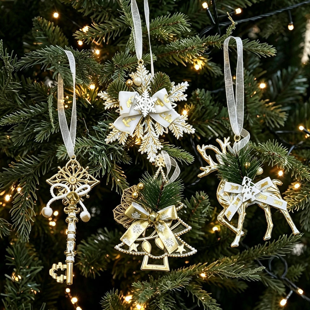 12pk Mixed White Gold Xmas Tree Baubles All 4 Designs Pack