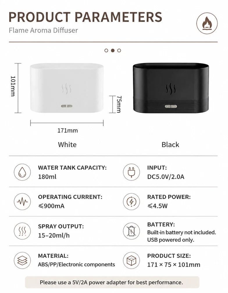 2 Pack USB Flame Diffuser, White & Black RGB Light Pair