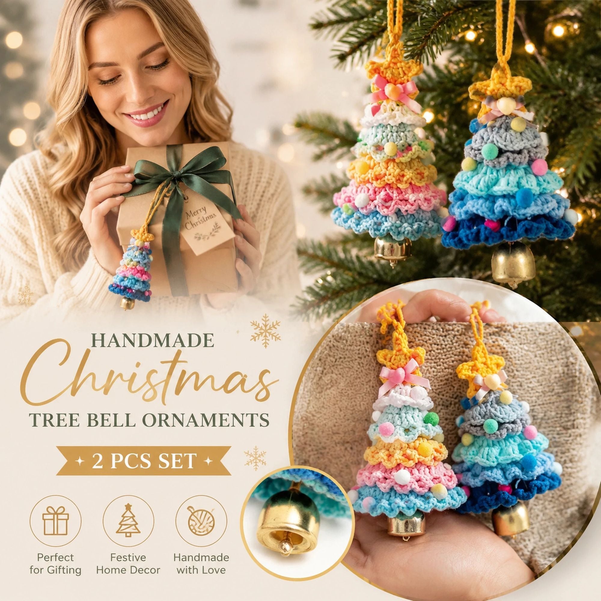 2 Pack Crochet Ornament D+F Rainbow 1 & Blue, Festive Gift Pair