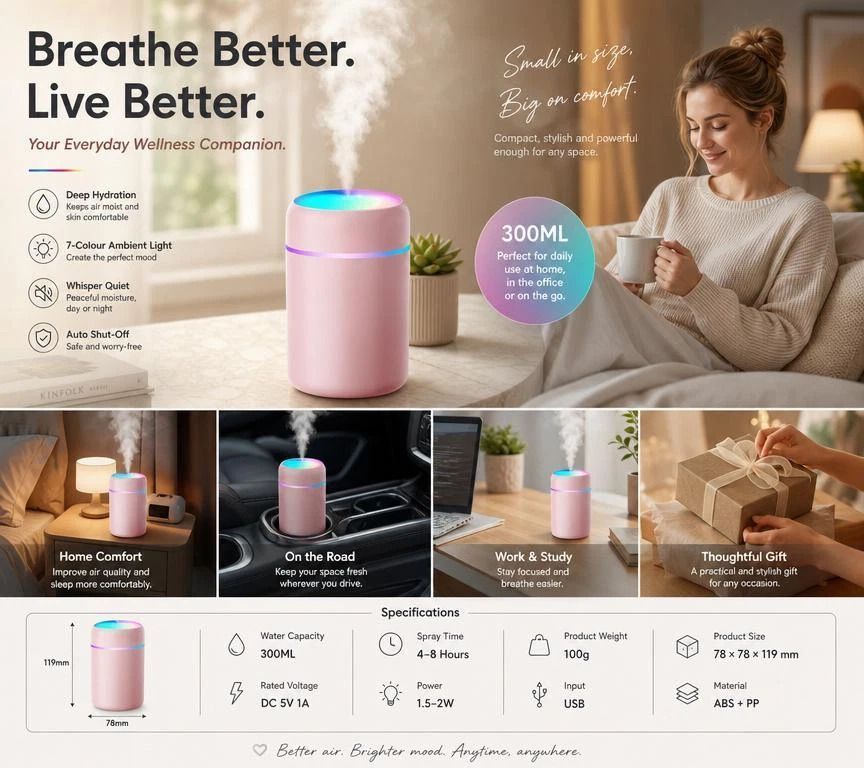 USB Mini Humidifier 300ML Dual Cotton Wicks Grey Boxed, Christmas Gift