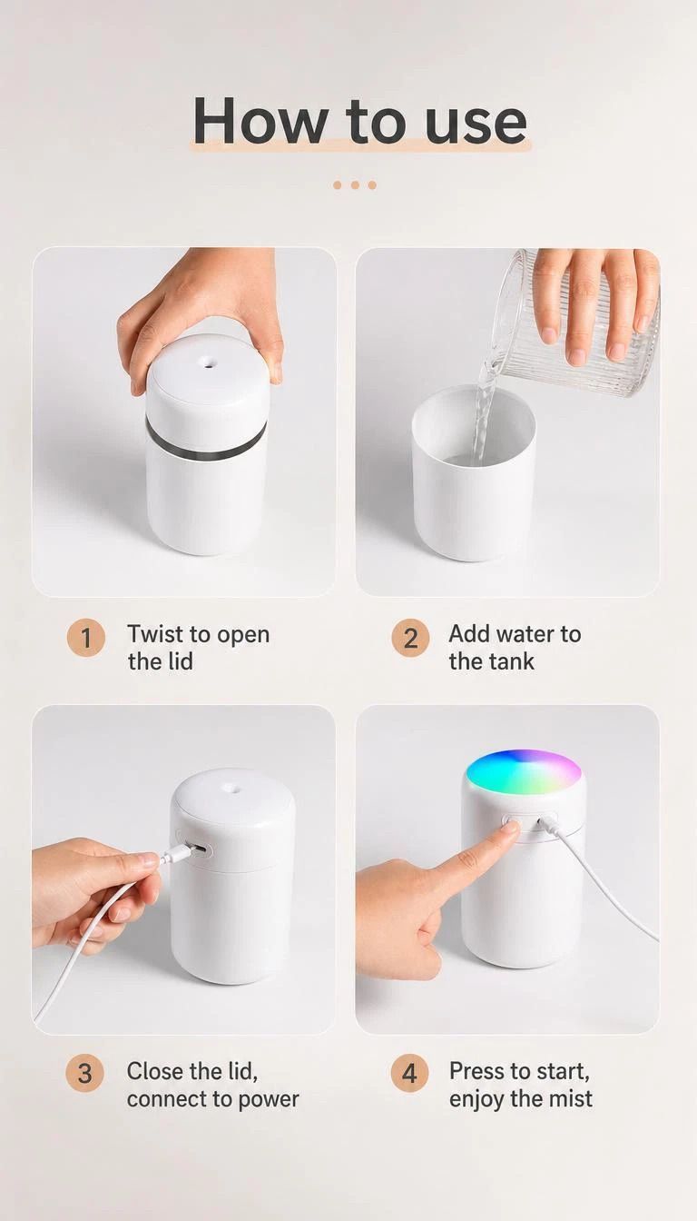 USB Mini Humidifier 300ML Dual Cotton Wicks Pink Boxed, Holiday Present