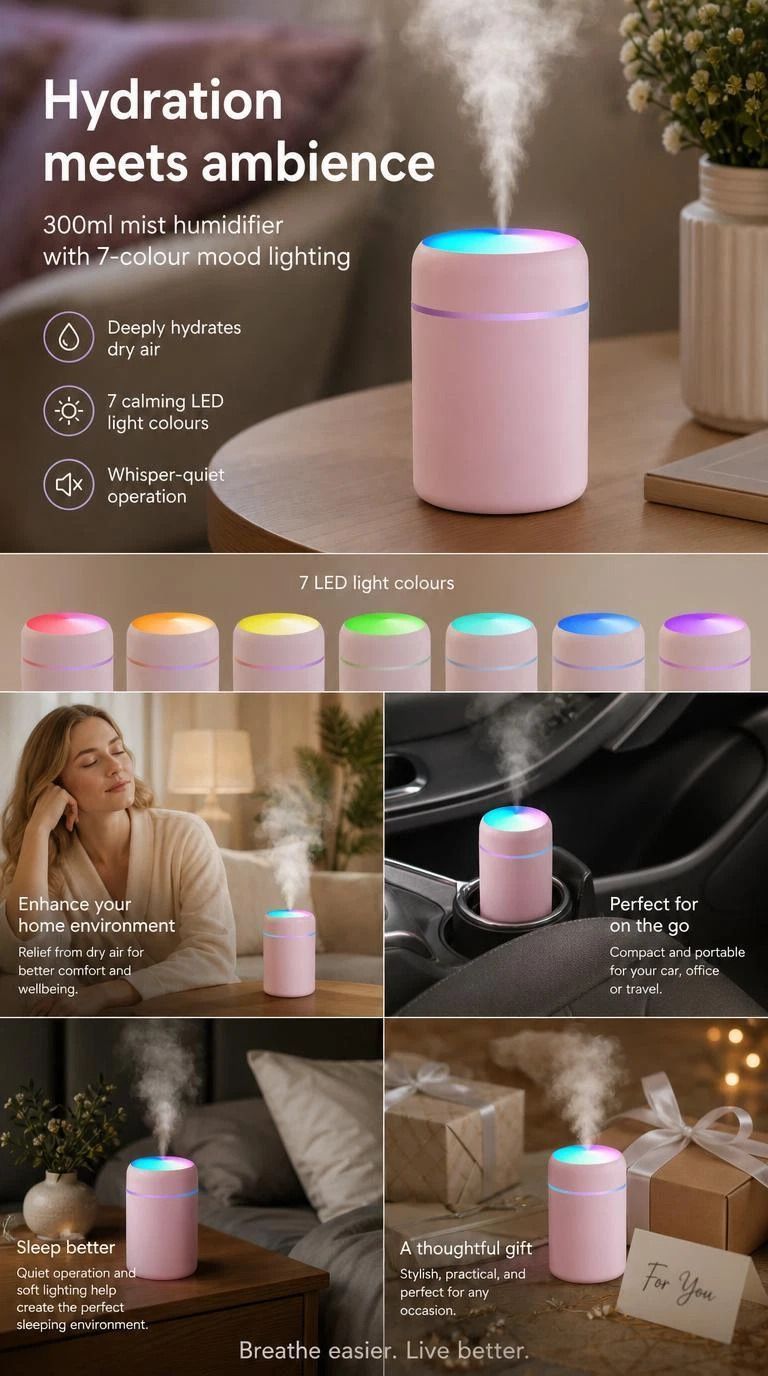 USB Mini Humidifier 300ML Dual Cotton Wicks White Boxed, Home Xmas Gift