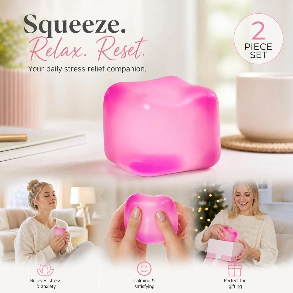 Slow-Rise Ice Cube Squishy Stress Toy - 2 Pack (Pink)