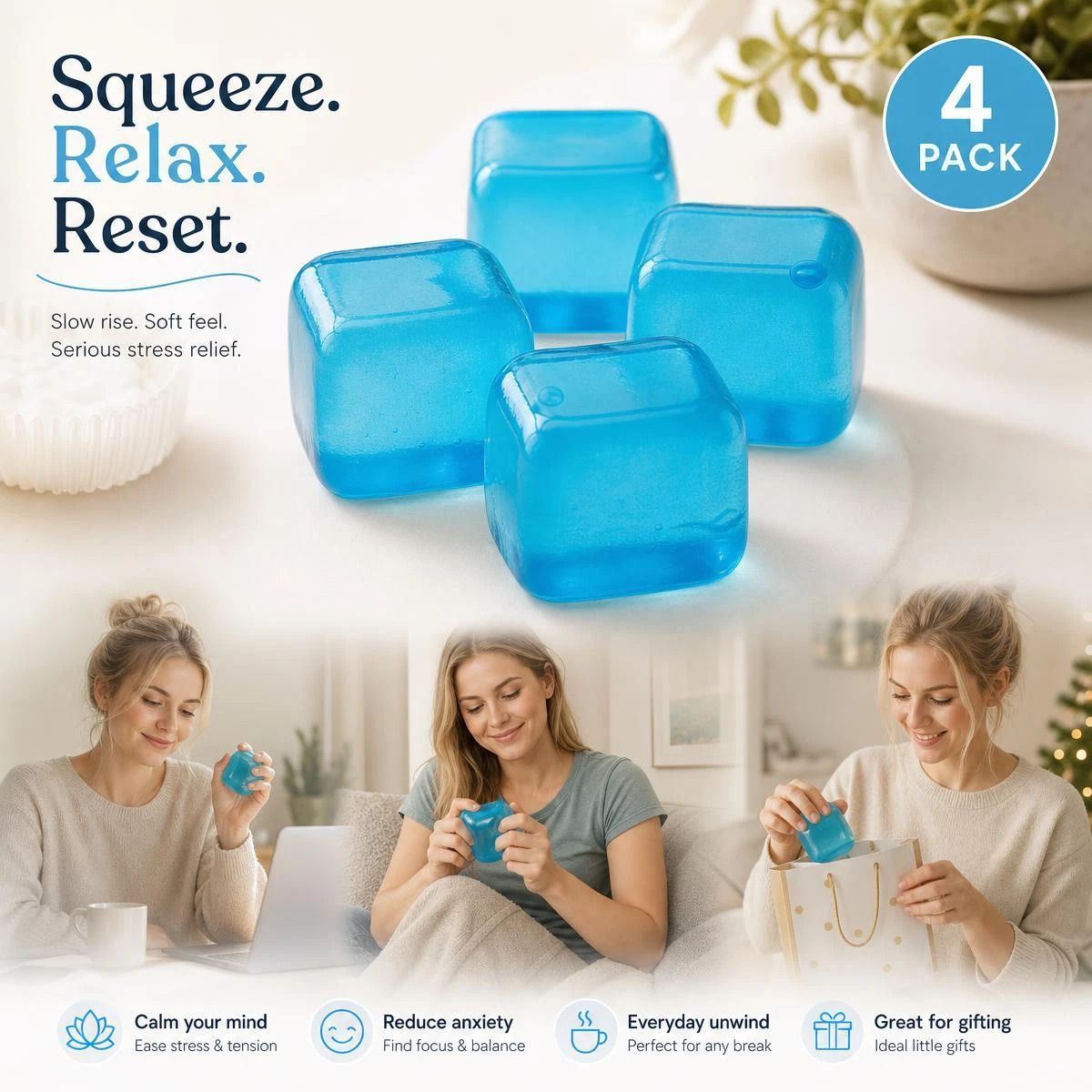 Slow-Rise Ice Cube Squishy Stress Toy - 4 Pack (Blue)