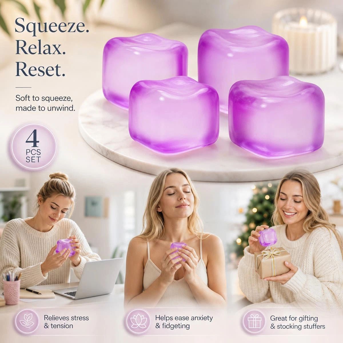 Slow-Rise Ice Cube Squishy Stress Toy - 4 Pack (Purple)