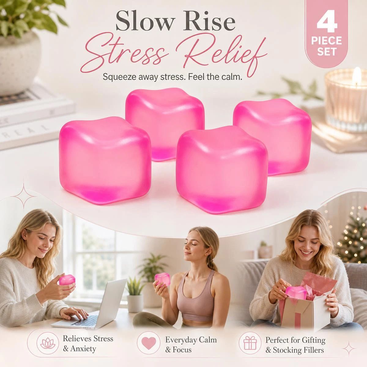 Slow-Rise Ice Cube Squishy Stress Toy - 4 Pack (Pink)