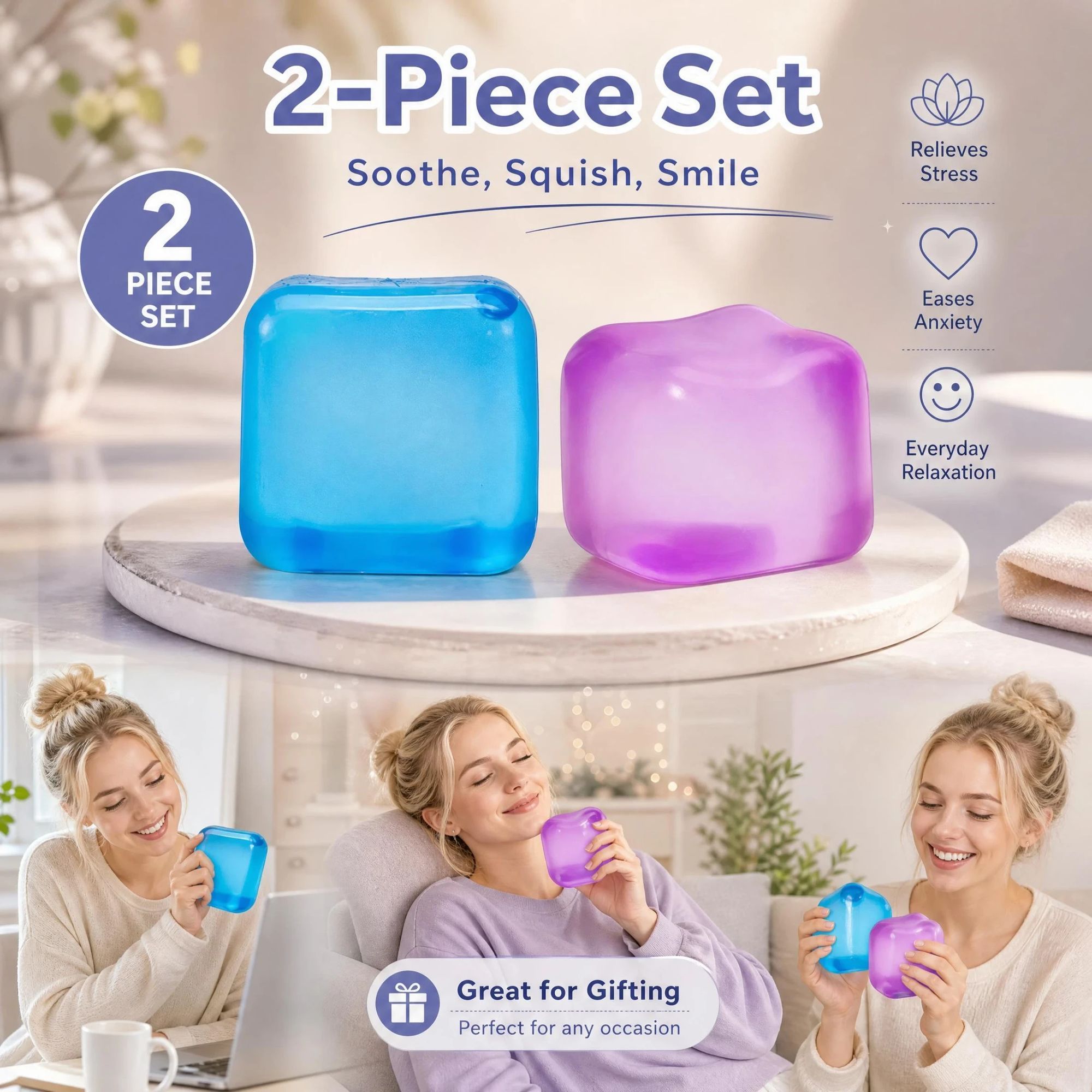Slow-Rise Ice Cube Squishy Stress Toy - 2 Pack (Blue & Purple)
