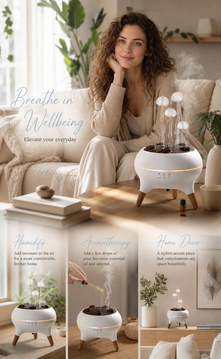 Vibrant Jellyfish Scent Humidifier, Audio Triggered Atmosphere Lamp, Calming Living Room Decor