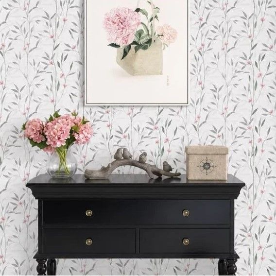 Self Adhesive Retro Background Wall Film 0.45x6M, White Base Floral Texture, Soft Aesthetic Decor